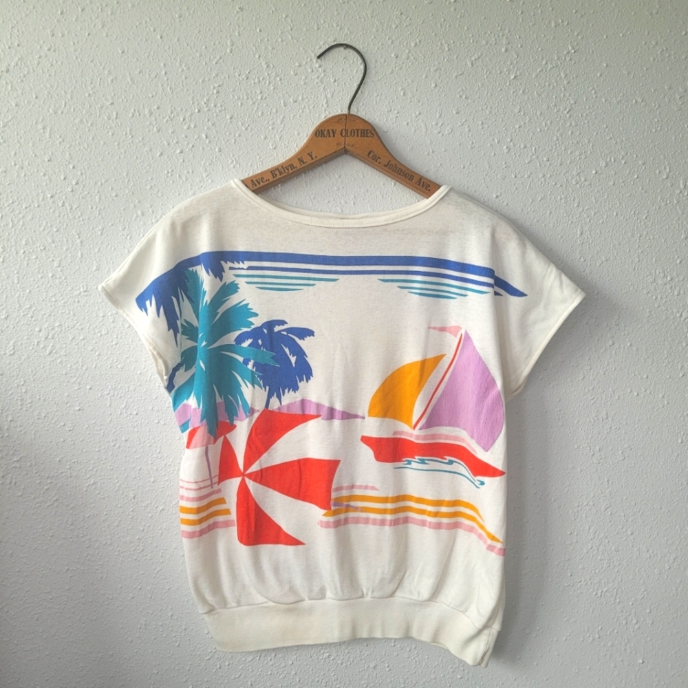 Vintage 70s 80s Slouchy Beach Print Top Size Small